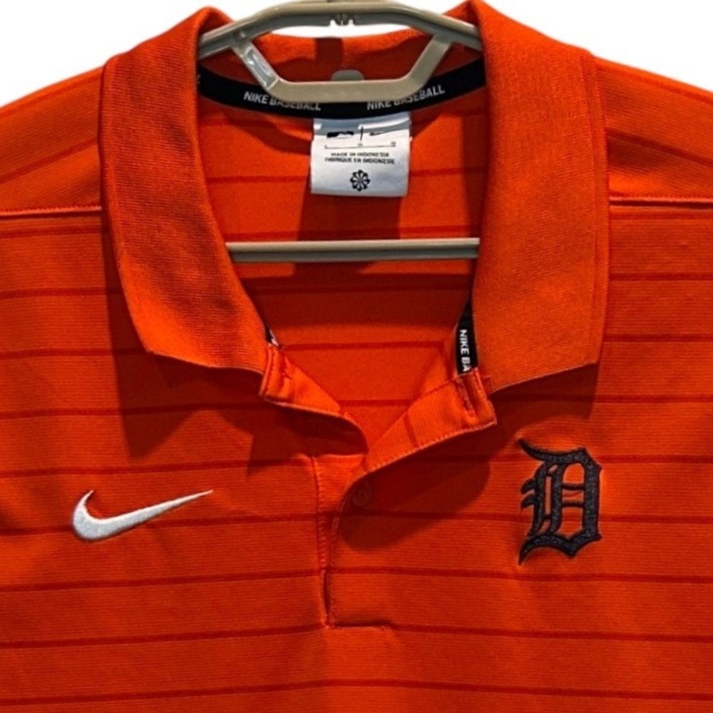 Nike Detroit Tigers Polo Shirt Large Men's Orange Striped MLB Authentic Dri-FIT
